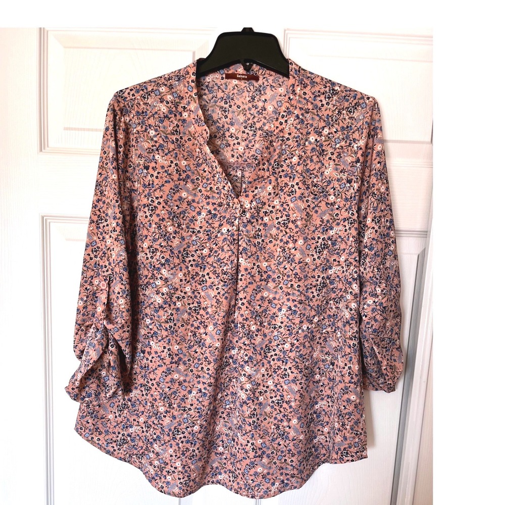 Gaharu Womens Floral Roll Tab Sleeve‎ Blouse Dusty Rose Blue V-Neck Top Large